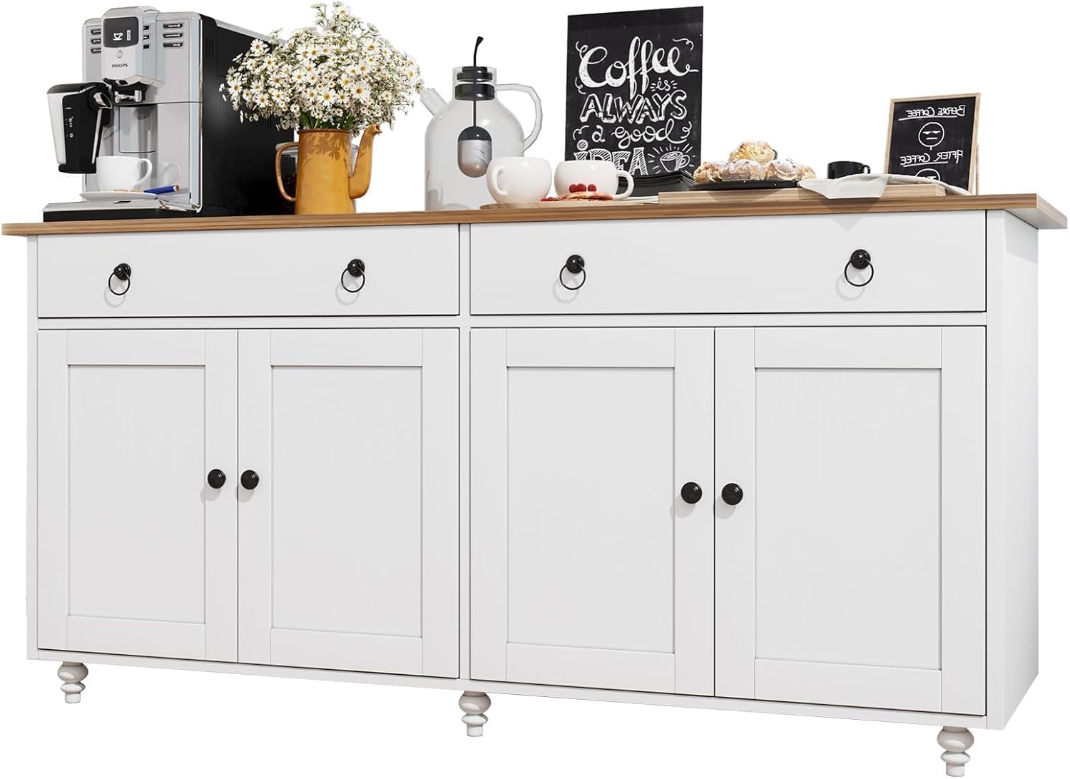 4 EVER WINNER Buffet Cabinet with Storage, 55'' Large Farmhouse Storage Cabinet with 2 Drawers and 4 Doors, Coffee Bar Cabinet with Adjustable Shelves for Kitchen, Dining Room, White