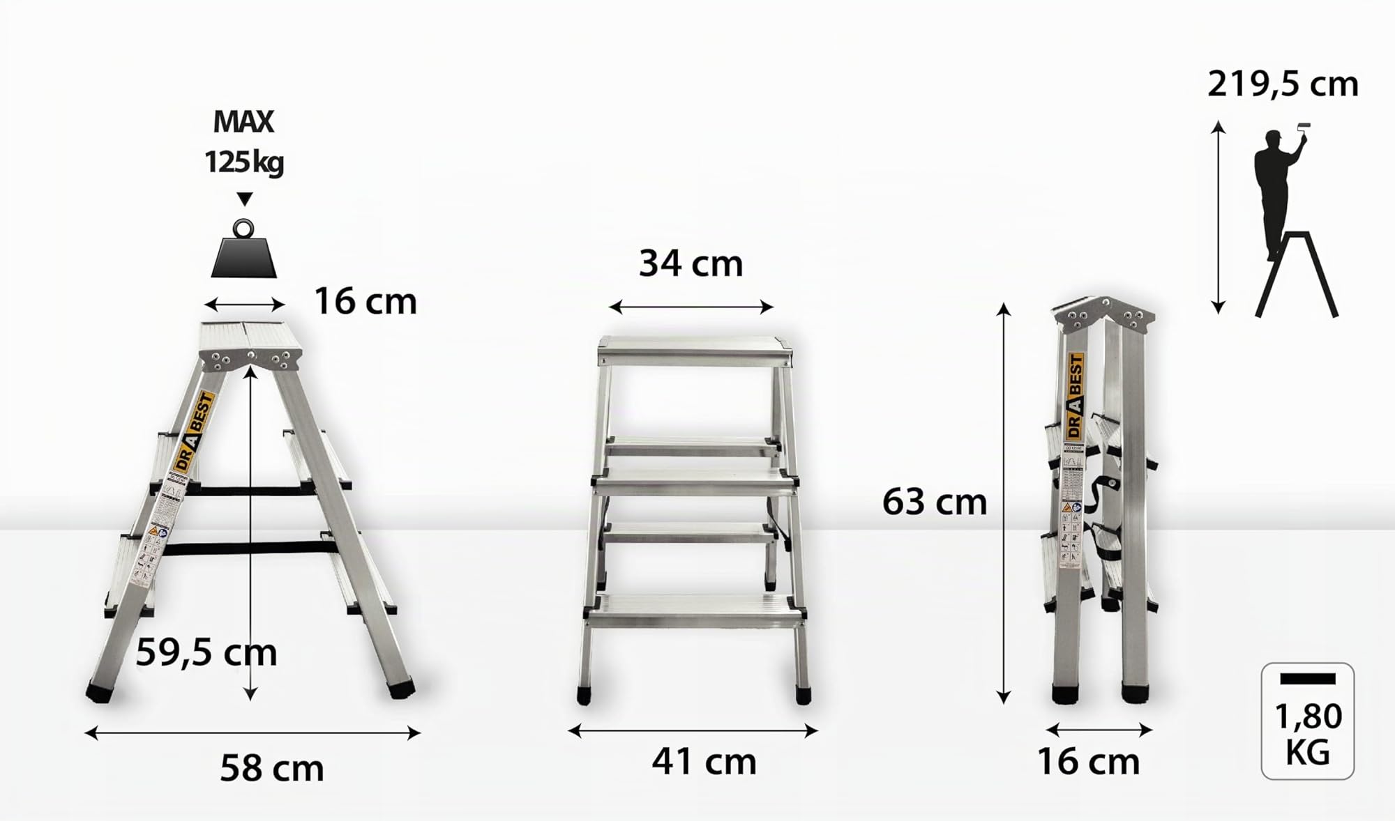 Drabest Scala a 3 Gradini in Alluminio Bifacciale per Uso Domestico - Portata 125kg - Pioli Con Piattaforma da Lavoro - Multiuso - 41x63x16cm