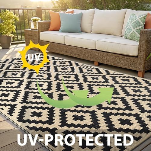 OLANLY Outdoor Rug Waterproof Reversible 4x6 ft, Durable Plastic Straw Patio Camping Carpet, Large Foldable RV Mat for Backyard, Deck, Picnic, Camper, Bench, All-Weather, Lightweight, Black & Beige — view 3