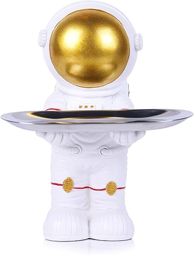 oliruim Bandeja de estatua de astronauta de oro blanco para entrada, cuenco para llaves, plato para dulces de oficina y decoración interior de