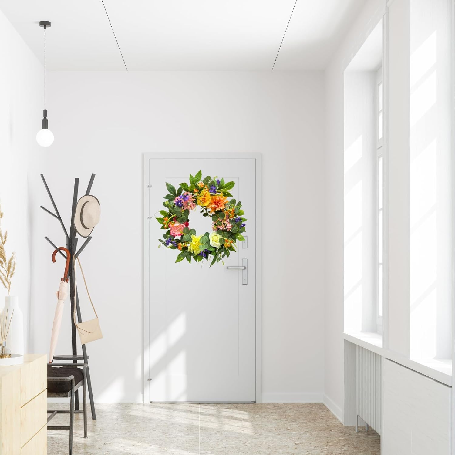 22 Inch Lighted Spring Summer Wreath for Front Door,Dahlia Pinnata, Roses, Eucalyptus Leaves, Peony, Mixed Flowers,Artificial Wreath for Front Door Spring Outdoor Home Decor Easter Decor