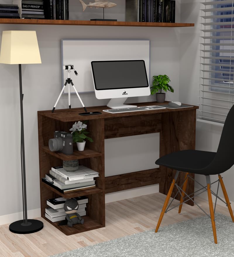 Image of Modern Compact Study Desk with 3 Side Shelves, Space-Saving Home Office Table, Wood Finish, 103x72x40 cm