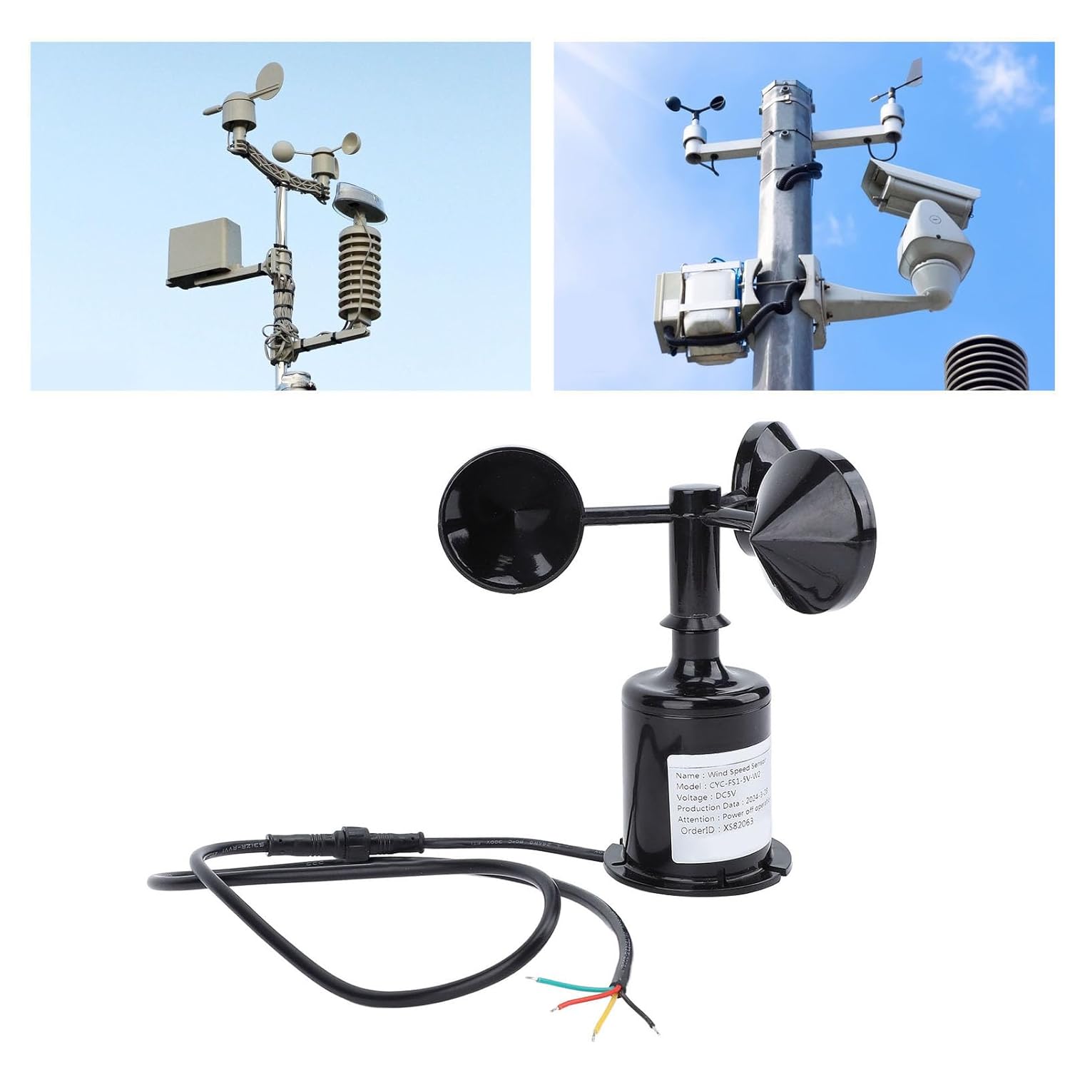 Wind Speed Monitoring Sensor RS485 3 Cups Anemometer Wind Speed Sensor with 2.6in Cable, Anemometers Wind Speed Monitoring Sensor for Accurate Weather Monitoring, DC 5V
