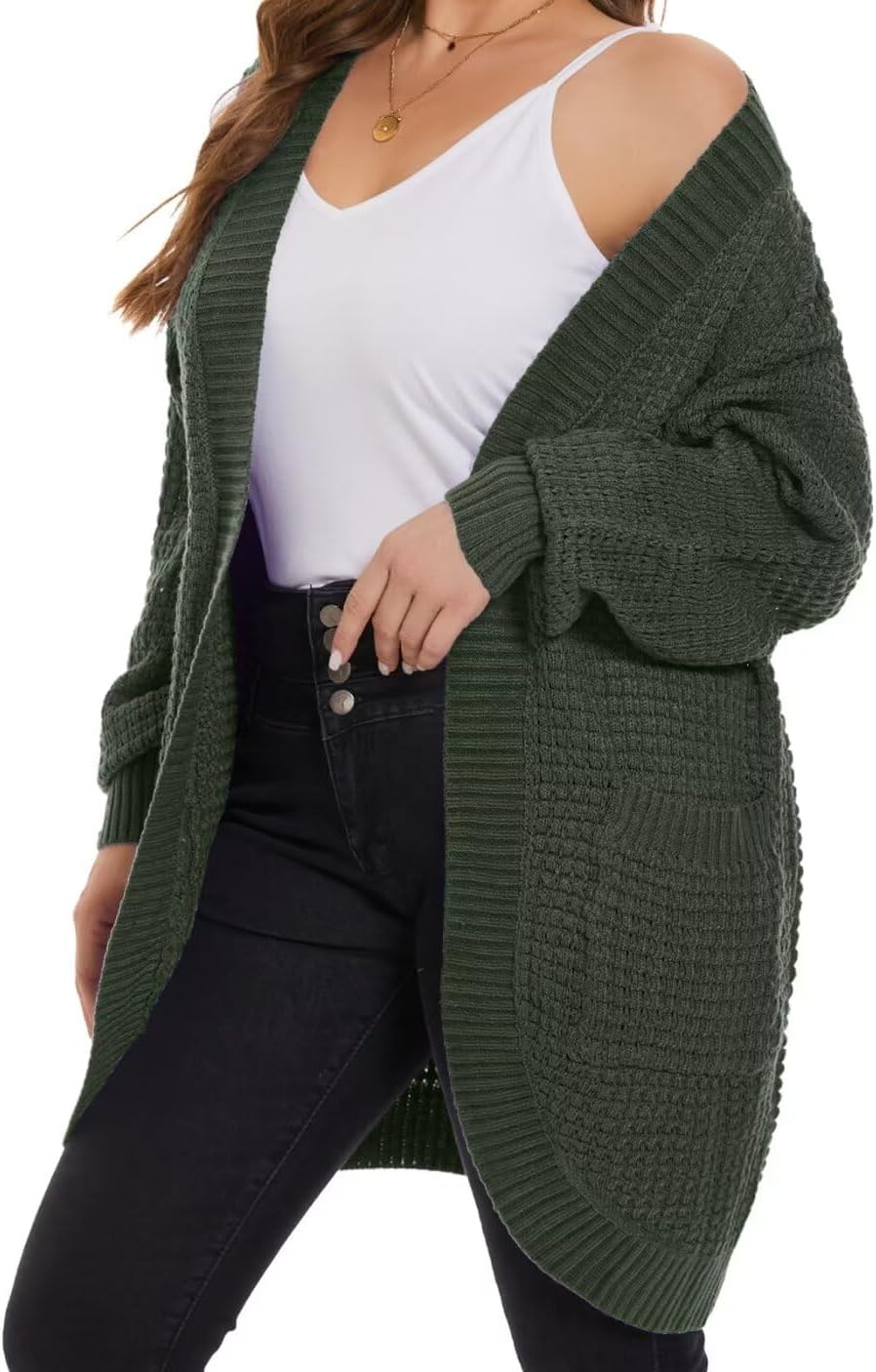 MONNURO Womens Plus Size Open Front Cardigan Waffle Knit Long Sleeve Sweaters Tops Fall Coat Outerwear with Pockets - Image 4