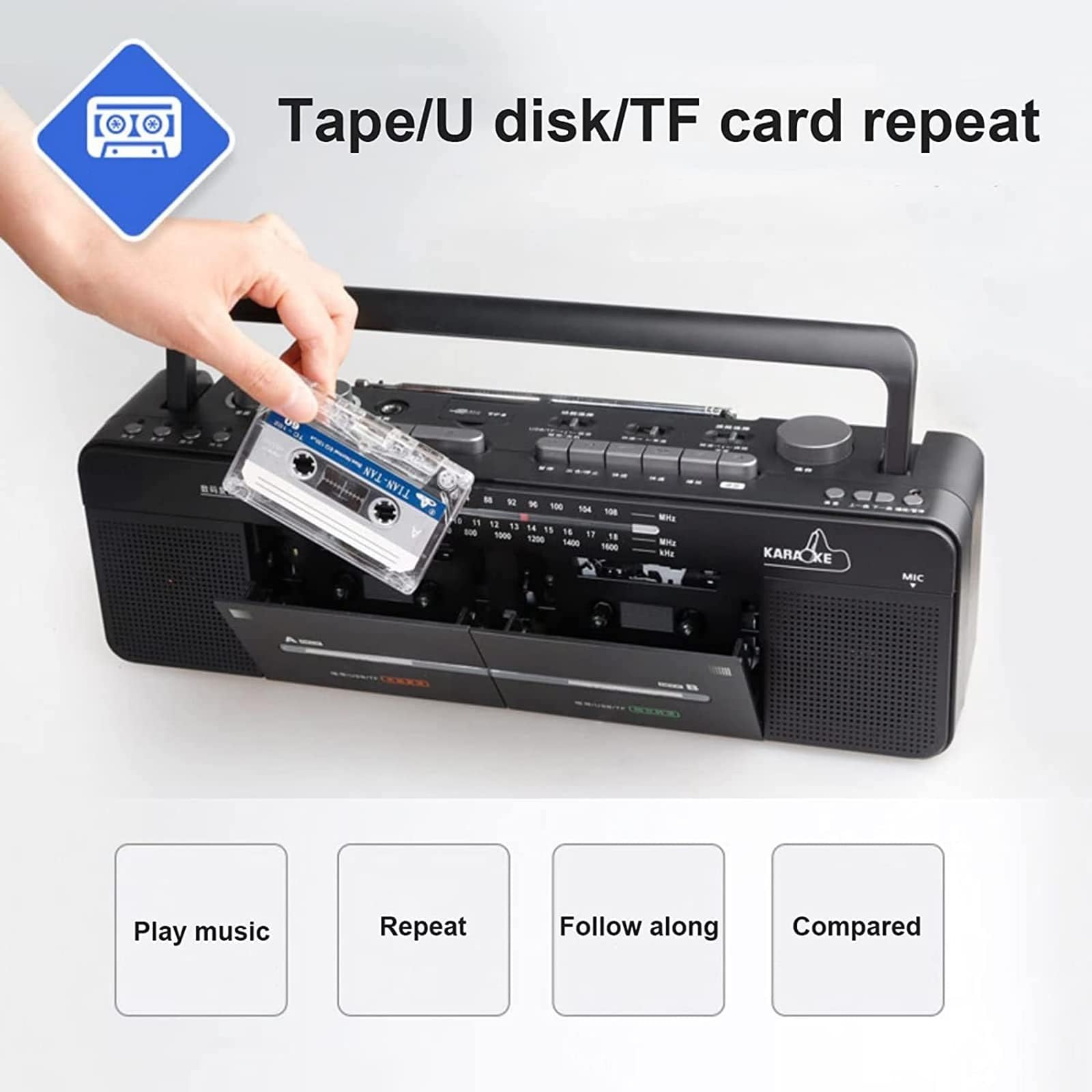 Registratore di cassette con radio AM/FM, riproduzione MP3, registrazione con un clic per gli appassionati di musica, perfetto per gli amanti dell'audio nostalgico