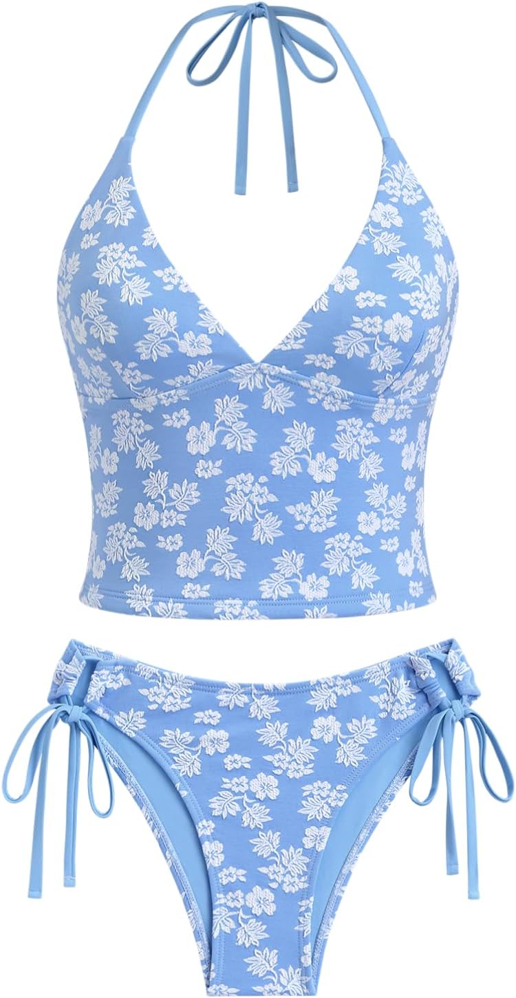 seamoly Women's Tankinis Striped Halter String Tie Side 2 Piece Tankini Sets Swimsuit
