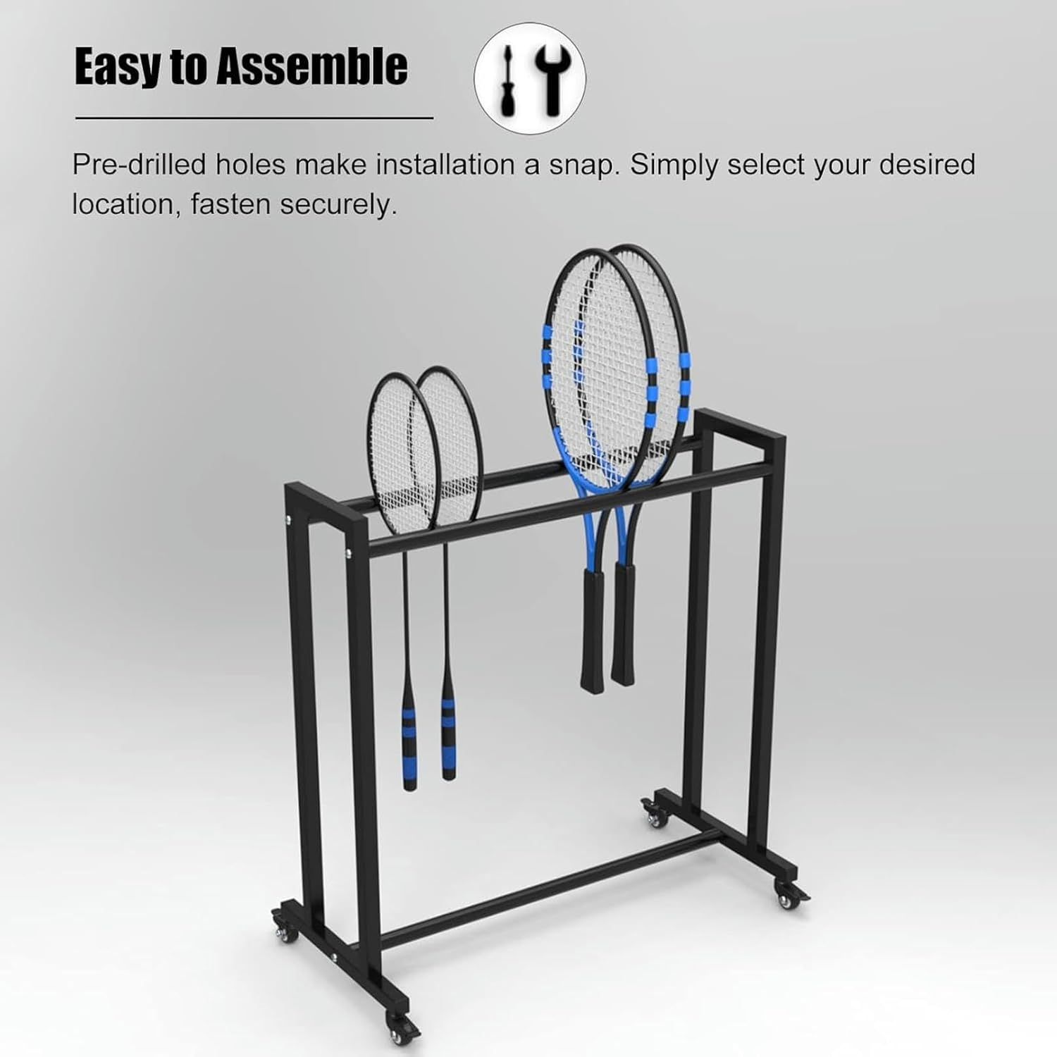 Basketball Ball Storage Rack Garage Tennis Racket Storage with Wheels, Rolling Gym Racket Equipment Organizer Rack, Heavy Duty Badminton Racket Display Stand