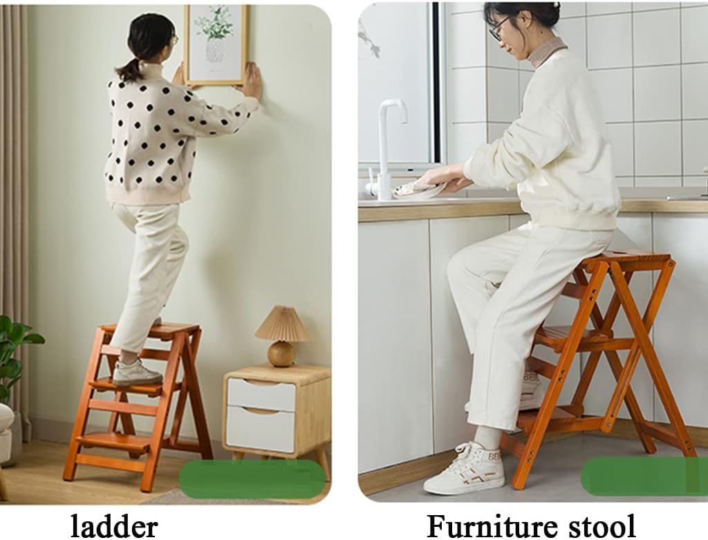 Solid Wood Folding Step Ladder Wide Non-Slip Pedal 120kg Load-Bearing Stable Step Stool No-Install Folding Step Ladder Stool Portable Step Ladder Multi-Colored