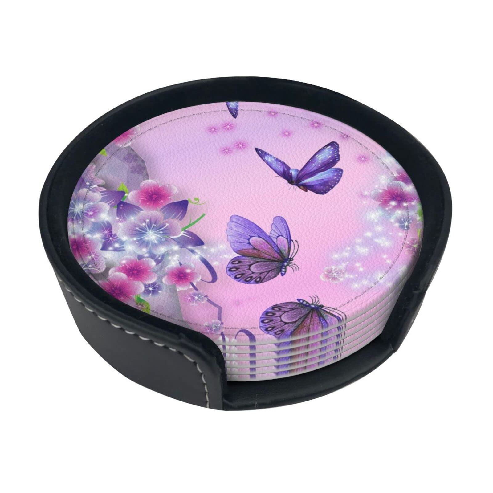 Coasters Set Of 6 Purple Butterfly Print Leather Coasters For Drinks,Home Décor And Housewarming Gift