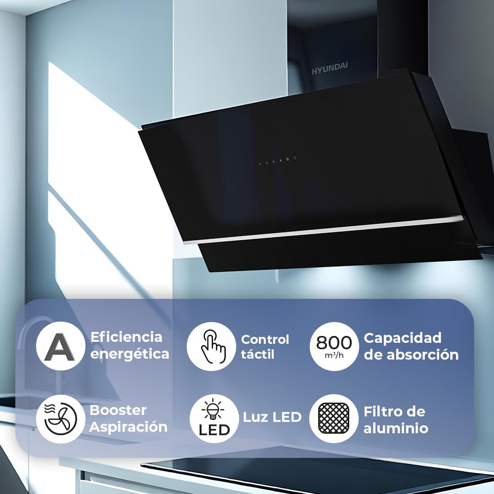 Hyundai Campana Extractora Inclinada 90cm Cristal negro HCPD900AN. Potencia 253m3/h, Tiro Doble, 4 Velocidades, Control Táctil, Filtro apto para Lavavajillas.