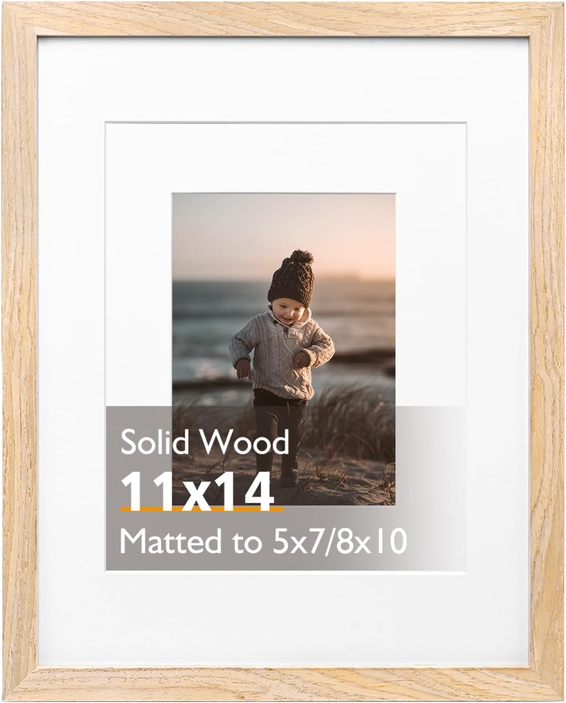11x14 Picture Frame Natural, Solid Wood Frame 11x14 with Acrylic Plexiglass for Pictures 5x7/8x10 With Mat,Tabletop and Wall Display, 11 x 14 Picture Frame Set of 1
