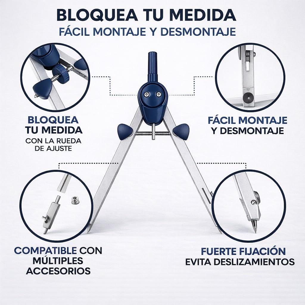 Compas Dibujo Tecnico Profesional - Compás Escolar de Precision con Rueda de Ajuste Bachillerato y Secundaria - Compasso Escolar Dibujo Tecnico de Metal - Compas Grande Dibujo Técnico y Plastica Azul