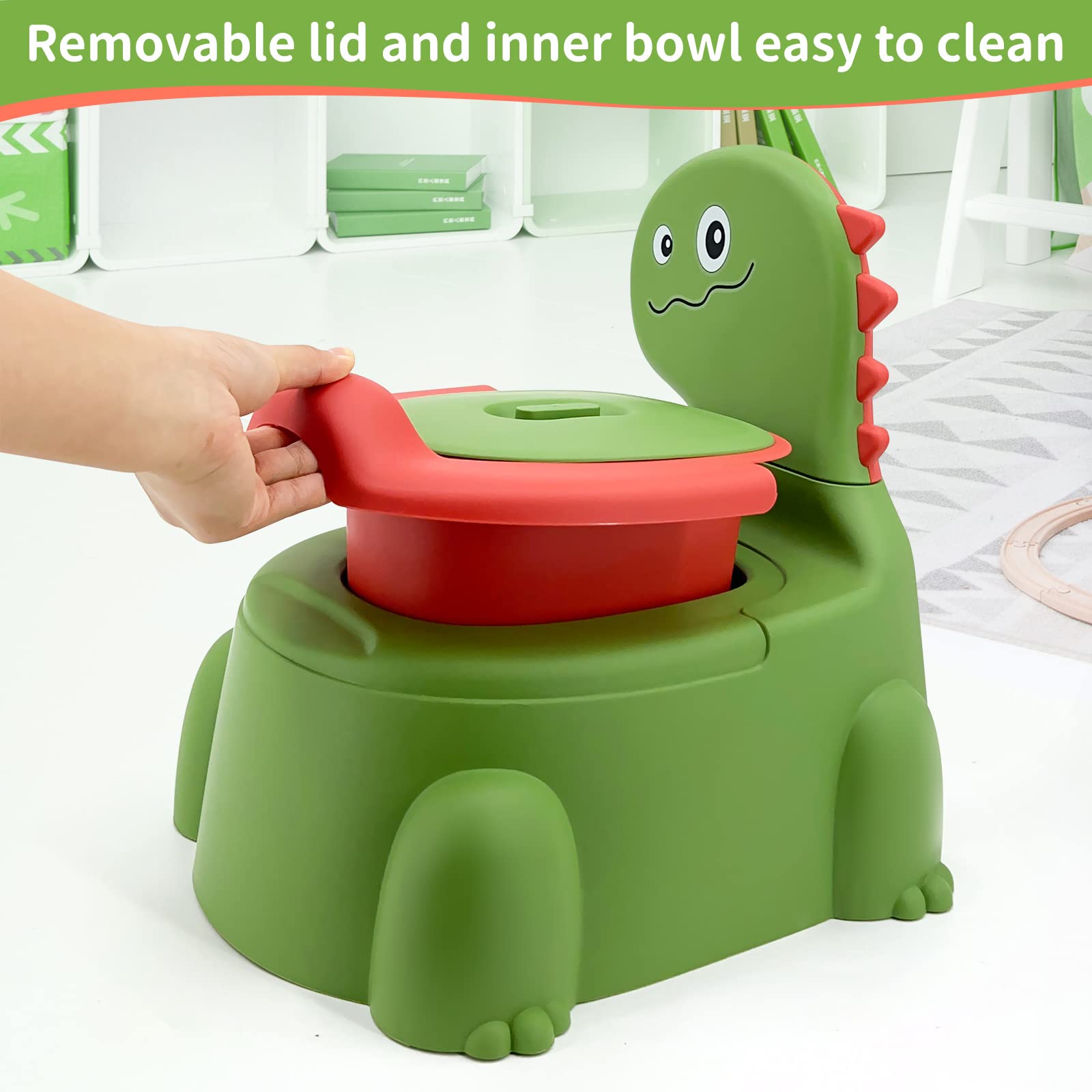 Vasino Bambini Vasetto per Bambini Wc, Toilette per Bambini a Tema Dinosauri, Vasino Portatile per Bambini da 1 a 6 Anni, Vasini Sedile con Coperchio Comodo Cassetto Vasino Mobile, Verde