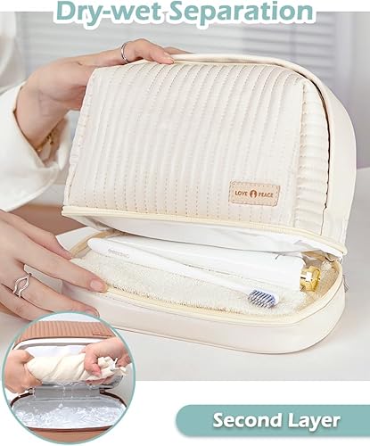 Miniatura 4 de Bolsa de maquillaje portátil de doble capa de viaje para mujer, organizador de cuero PU impermeable, Azulclaro