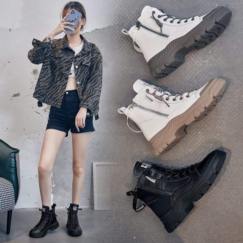 Women's High Top Lace Up Walking Shoes Sports Small White Shoes,Round Head Side Zipper Warm Casual Shoes2