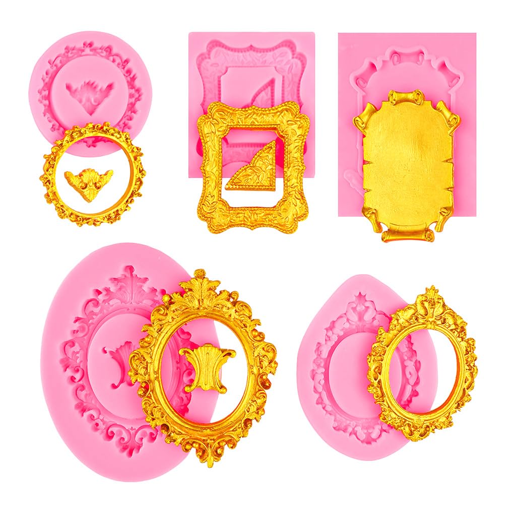 Supvox® 5 Pcs Chocolate Mould Silicone, Photo Frame Silicone Mould, Baroque Style Air Dry Clay Molds-Pink-image-17