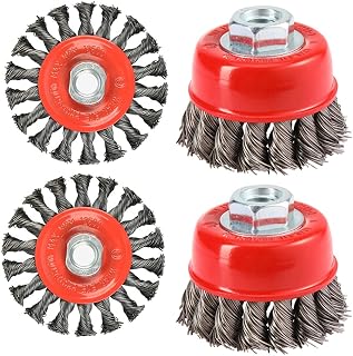 4 Pieces 4 Inch Wire Wheel Brush Cup Brush Set, Coarse Crimped Twisted Knotted Cup Brush for Angle Grinder with 5/8 Inch-11 Threaded Arbor 0.002 Inch Carbon Steel