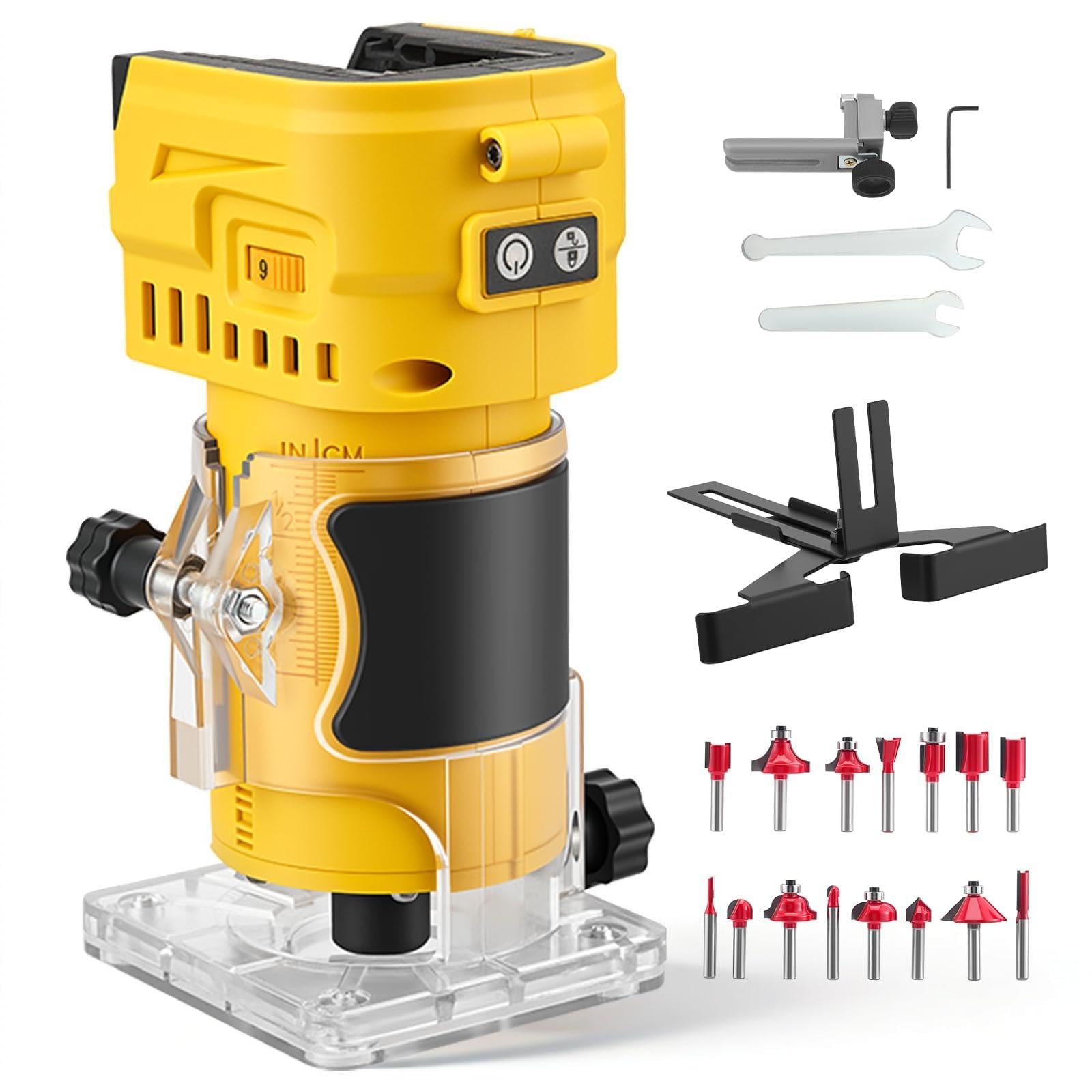 Fresa a Batteria 21V Brushless 850W Compatibile Dewalt, Fresatrice per Legno 30000 Giri/min 6 velocità, profondità 20mm, Rifilatore per Scanalature e Lavori di Falegnameria