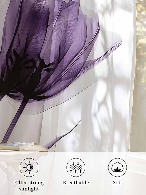 X-ray Image of Purple Tulip Sheer Curtains 45 Inch Long 2 Panels, Spring Summer Flower Botanical Light Filtering Window Sheer Curtains, Rod Pocket Voile Drapes for Living Room Bedroom, 52x45