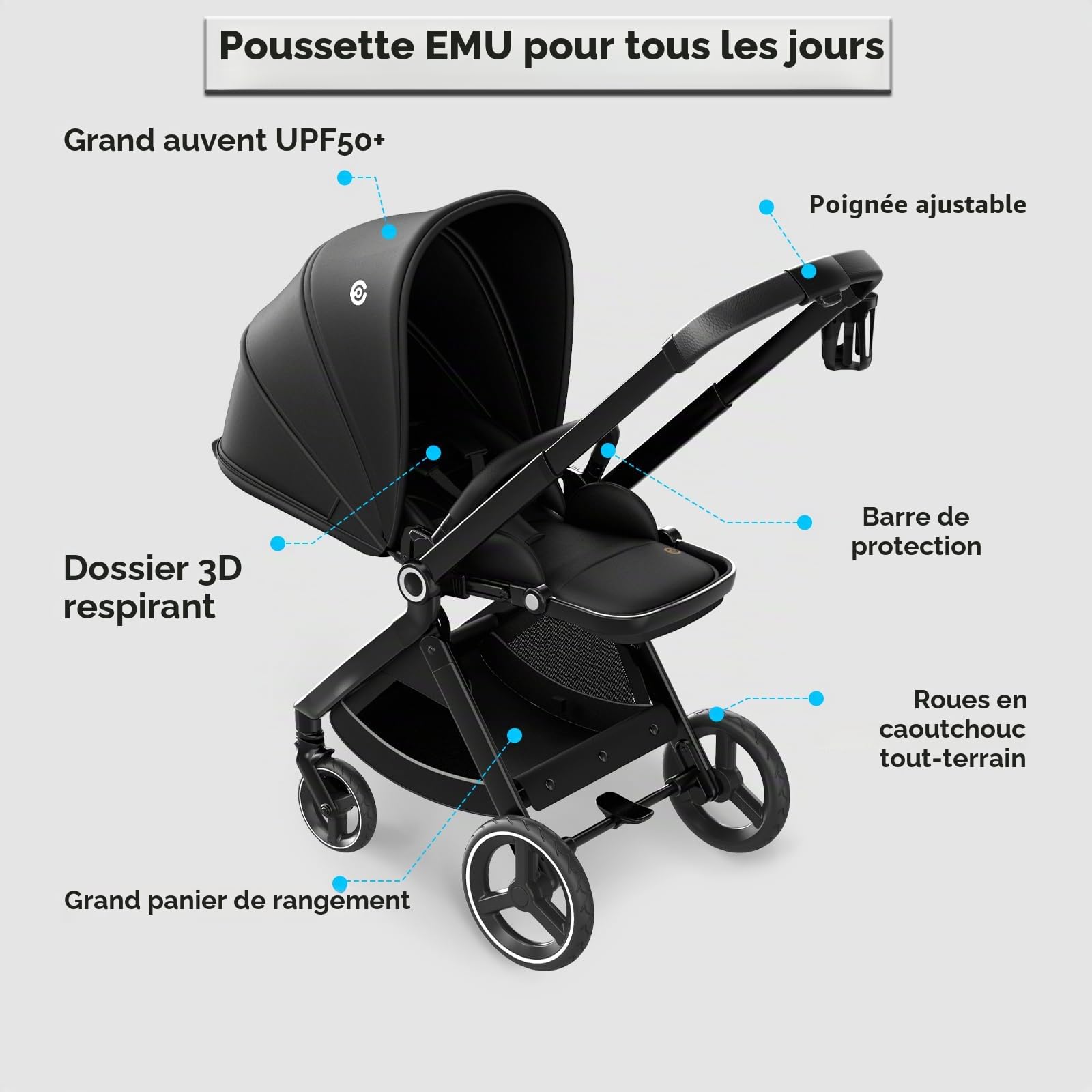 ELITTLE EMU Poussette Pliante Reversible, Poussette Bebe Face Parents 25kg,Automatique Centre Gravité Conception Rréglage,Landaus Siège Dossier 95-175°pour Exterieur Ville pour Bebe 0 a 3 Ans,Noir