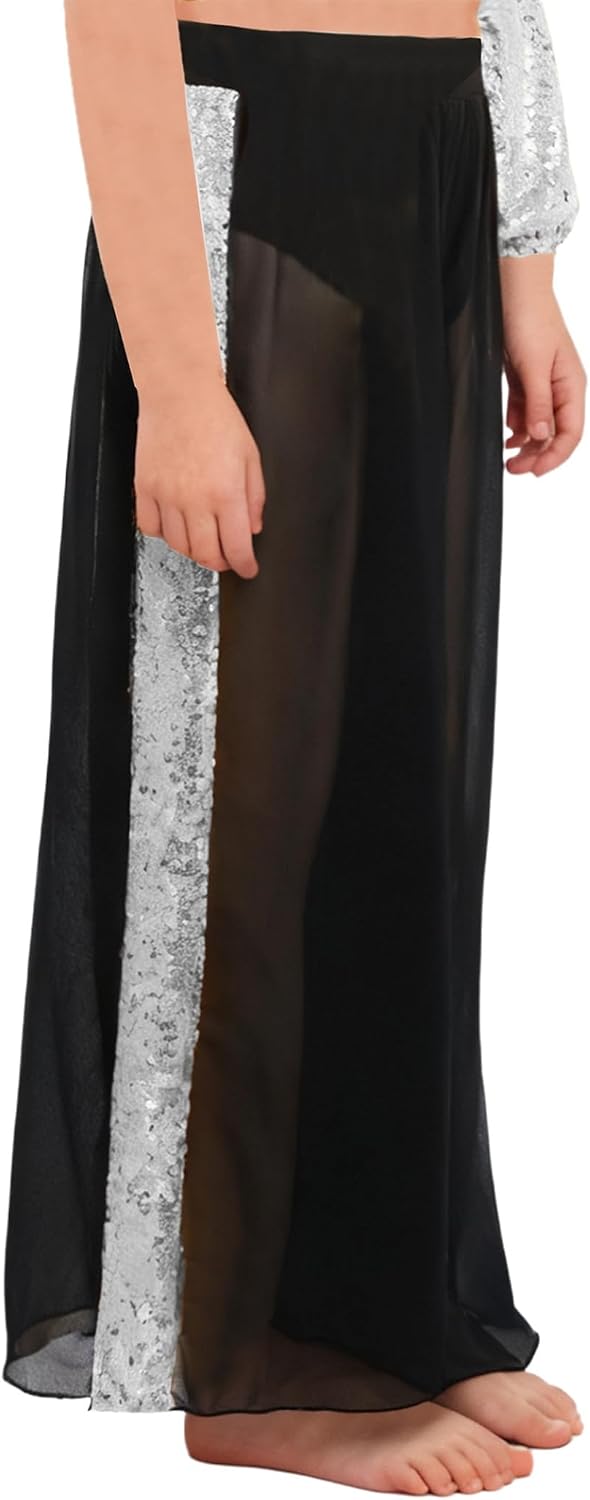 Kids Girls Modern Lyrical Dance Pants Sparkly Sequin Sheer Mesh Wide Leg Loose Trousers Cover Up