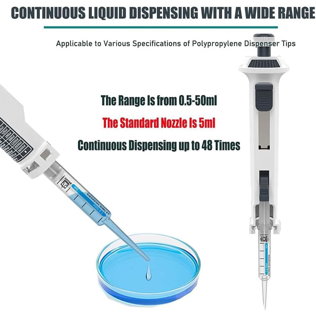 Pipette manuali regolabili a canale singolo da laboratorio con punte da 5 ml, controllo del volume a 5 marce, per medicina, insegnamento, chimica, ricerca scientifica