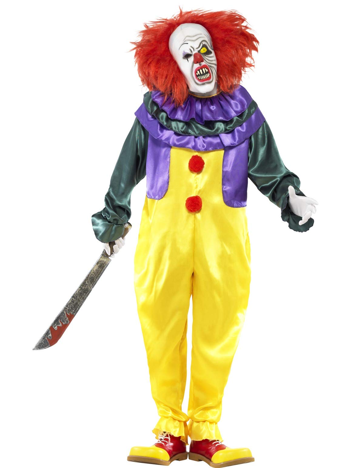 Smiffys Classic Horror Clown Costume, Multi-Coloured with Jumpsuit & Mask, Halloween Cirque Sinister Fancy Dress, Clown Dress Up Costumes