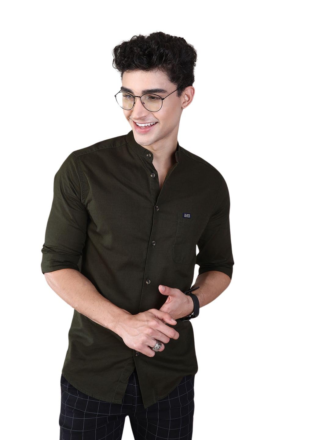 Aurelia Men Slim Fit Solid Full Sleeves Mandarin Collar Casual Shirt in neutral