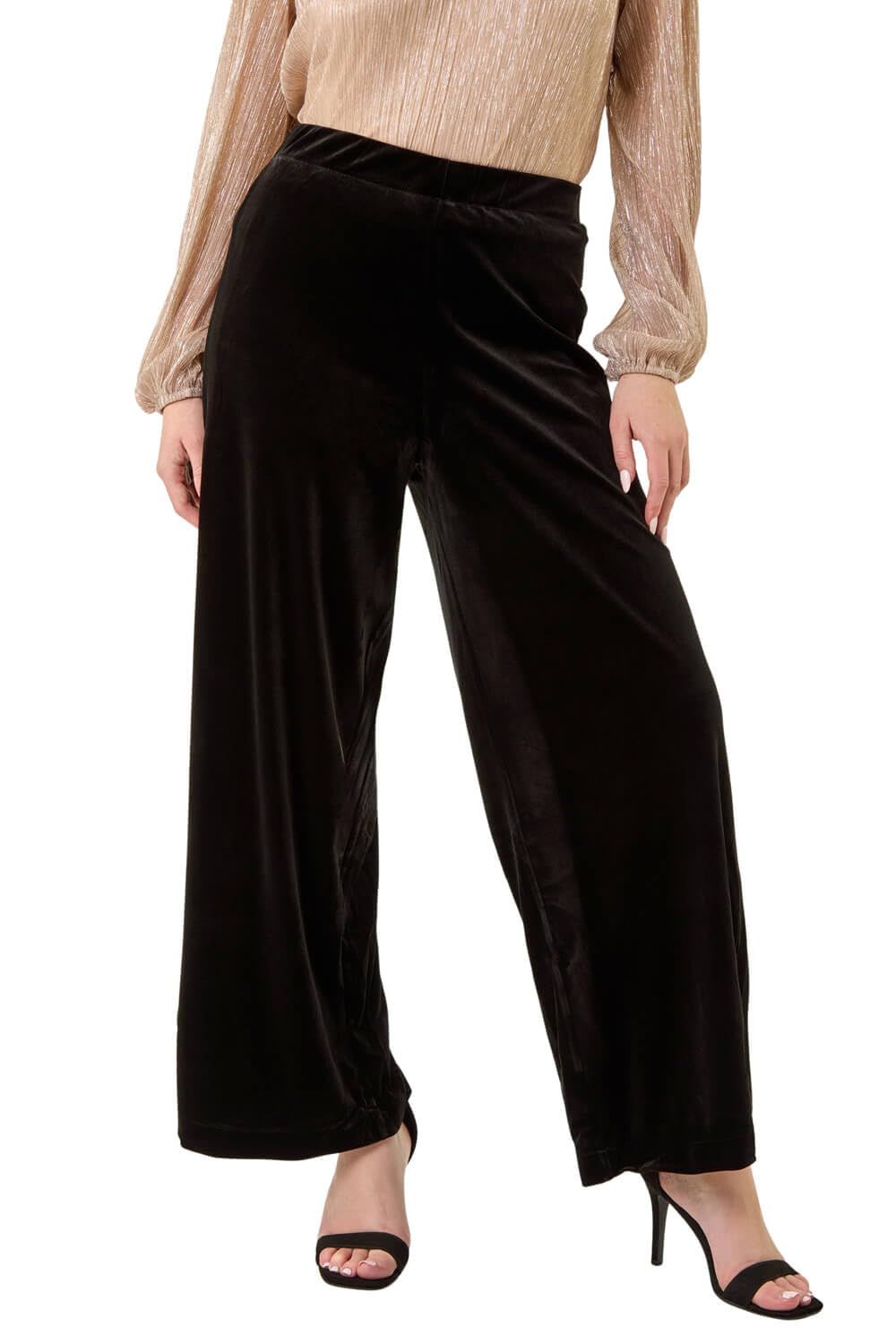Roman Originals Women's Petite Black Roman Wide Leg Velvet Stretch Trousers For Uk - Autumn Everyday Winter Holiday High Waisted Comfy Pull On Soft Pants Warm Feel Bottoms - Size 12
