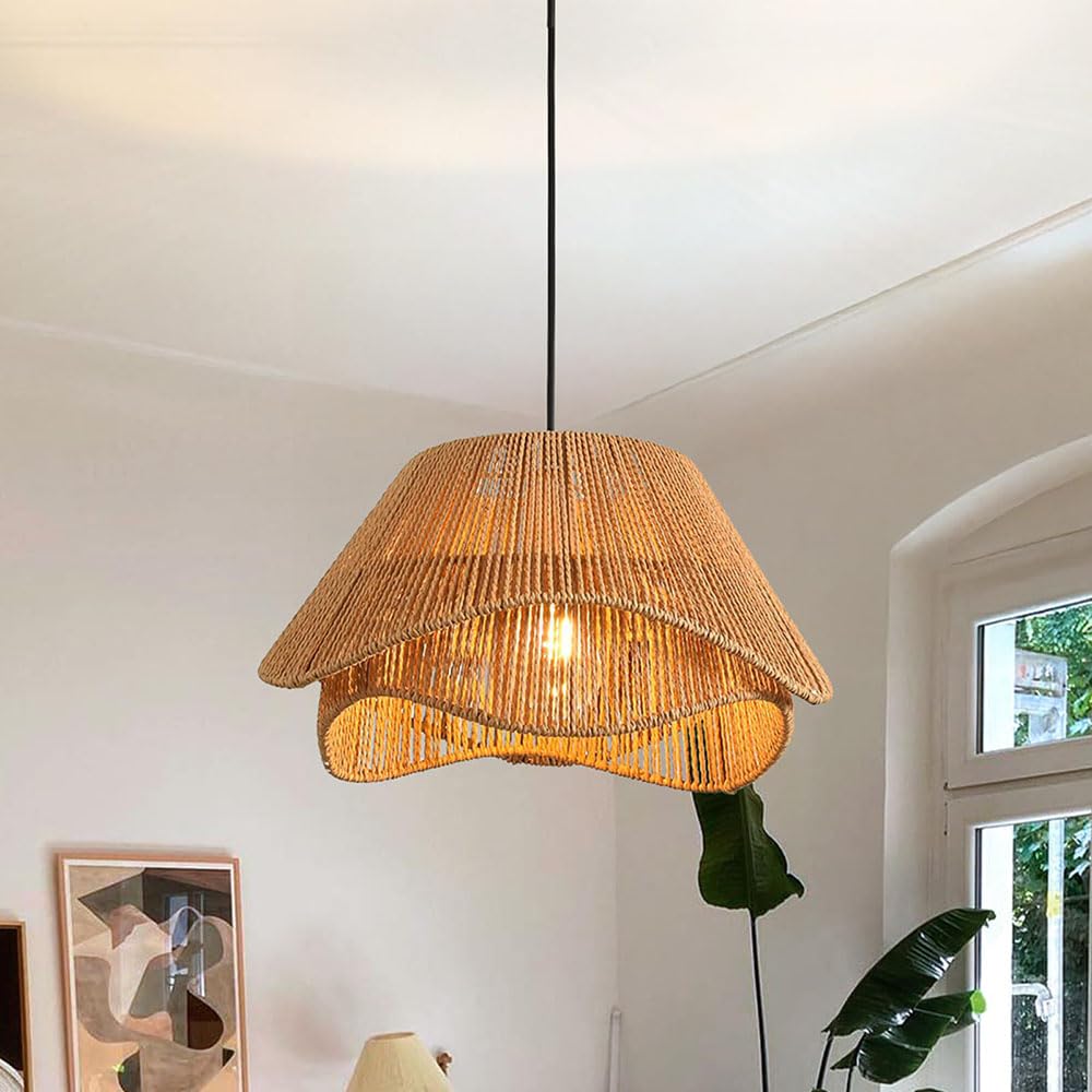 KXEcoLife Coastal Rattan Chandelier – 15.7in Beige Woven Hemp Rope Pendant Light Stylish Wicker Ceiling Fixture for Kitchen Island Dining Room & Living Decor