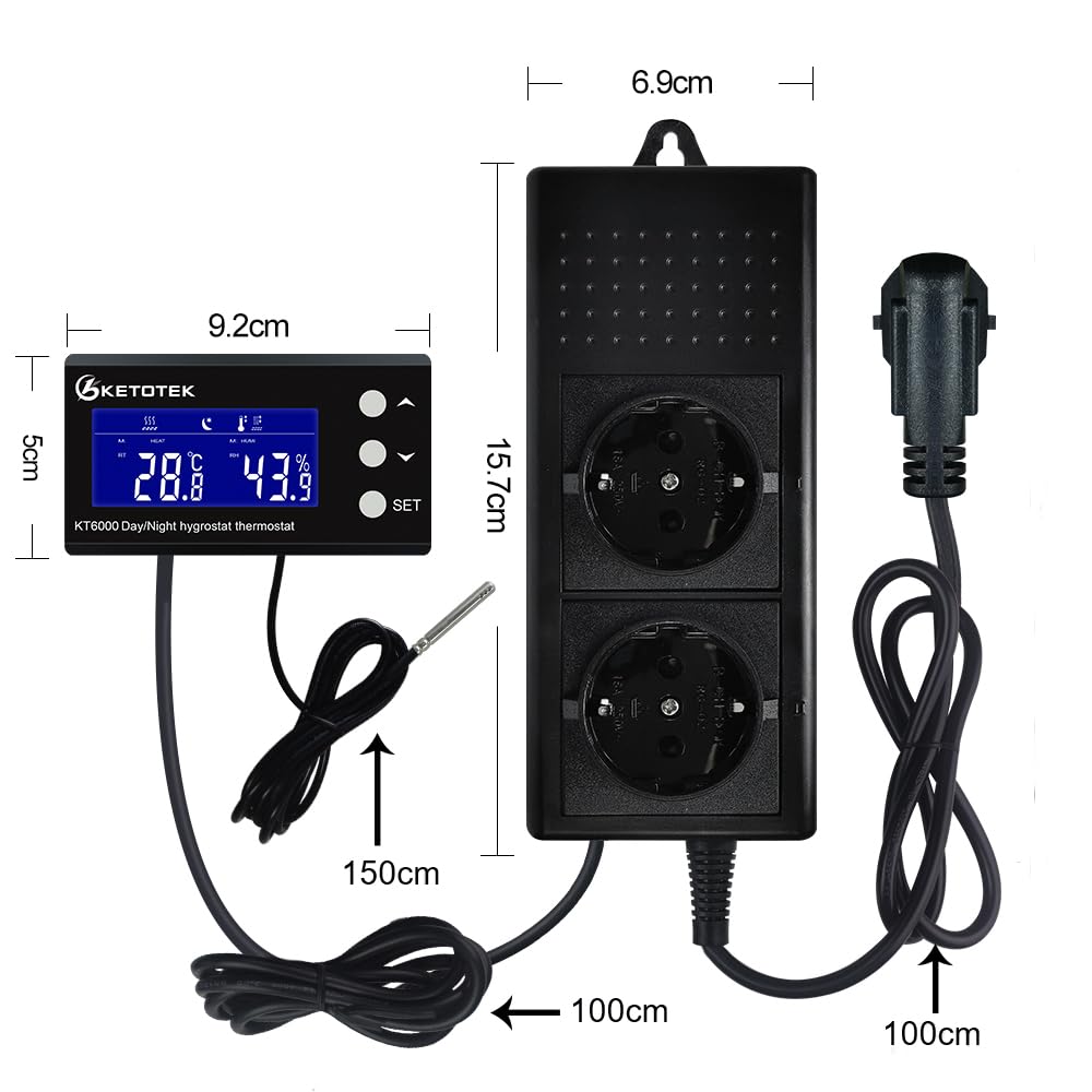 KETOTEK Enchufe con Higrostato Termostato con Sonda, Dia/Noche Controlador de Humedad y Temperatura Regulador Digital 220V con Temporizador para Terrario Reptil Invernadero Incubadora