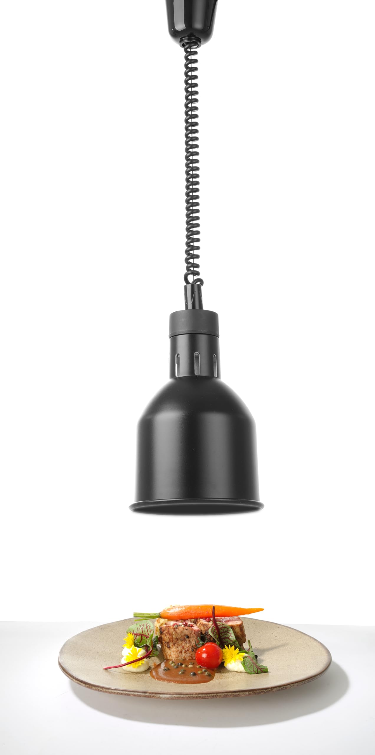 HENDI Lámpara de calor colgante de altura ajustable, cilíndrica, lámpara térmica de infrarrojos para cocina y mantenimiento de alimentos calientes, 230V, 250W, Ø175x(H)250mm, aluminio color negro