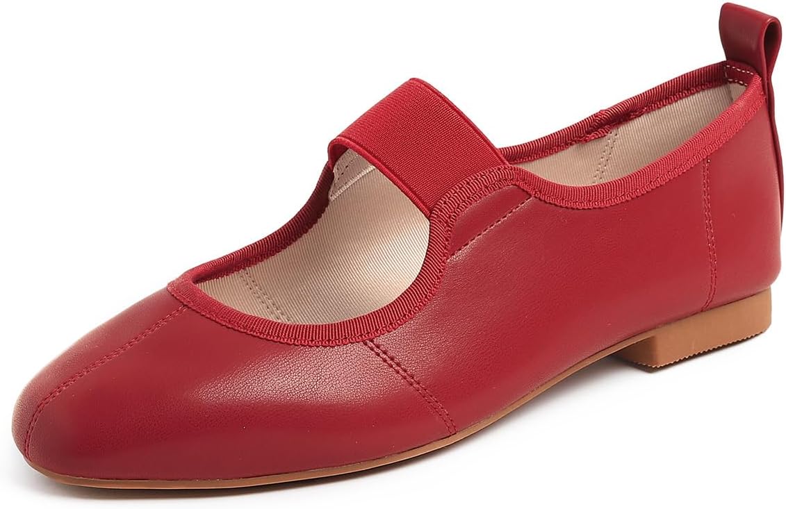 FEVERSOLE Women's Cushion Padded Comfort Square Toe Soft Mary Jane Dressy Elastic Strap Easy Slip on Work Office Flats