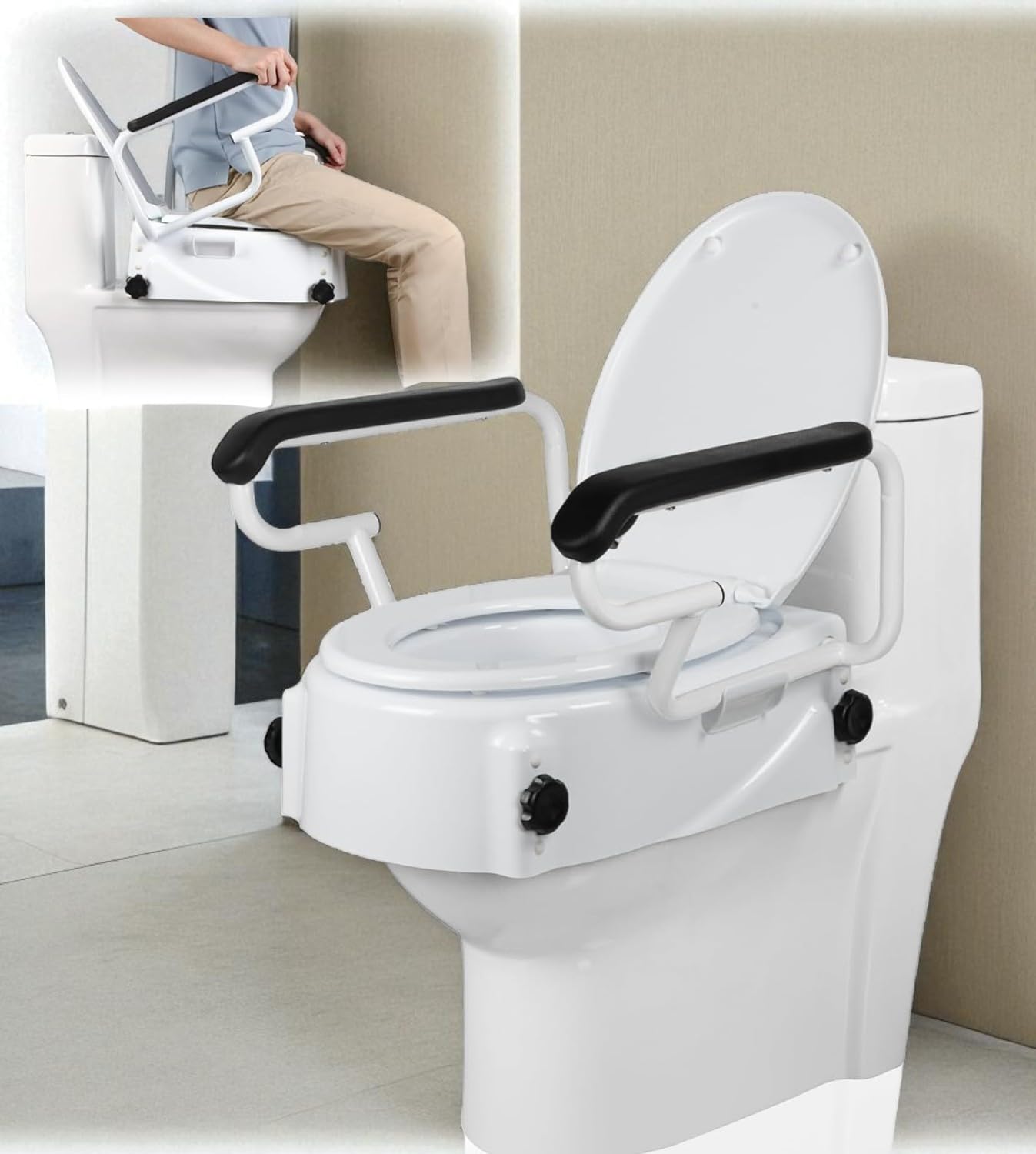 Adjustable Toilet / Commode Seat Raiser With Lift Handles - 3 Adjustable Heights Raised Toilet Seat With Padded Arms For Handicapped - Medical Handicap Bathroom Safety Chair - 300 Lbs., White