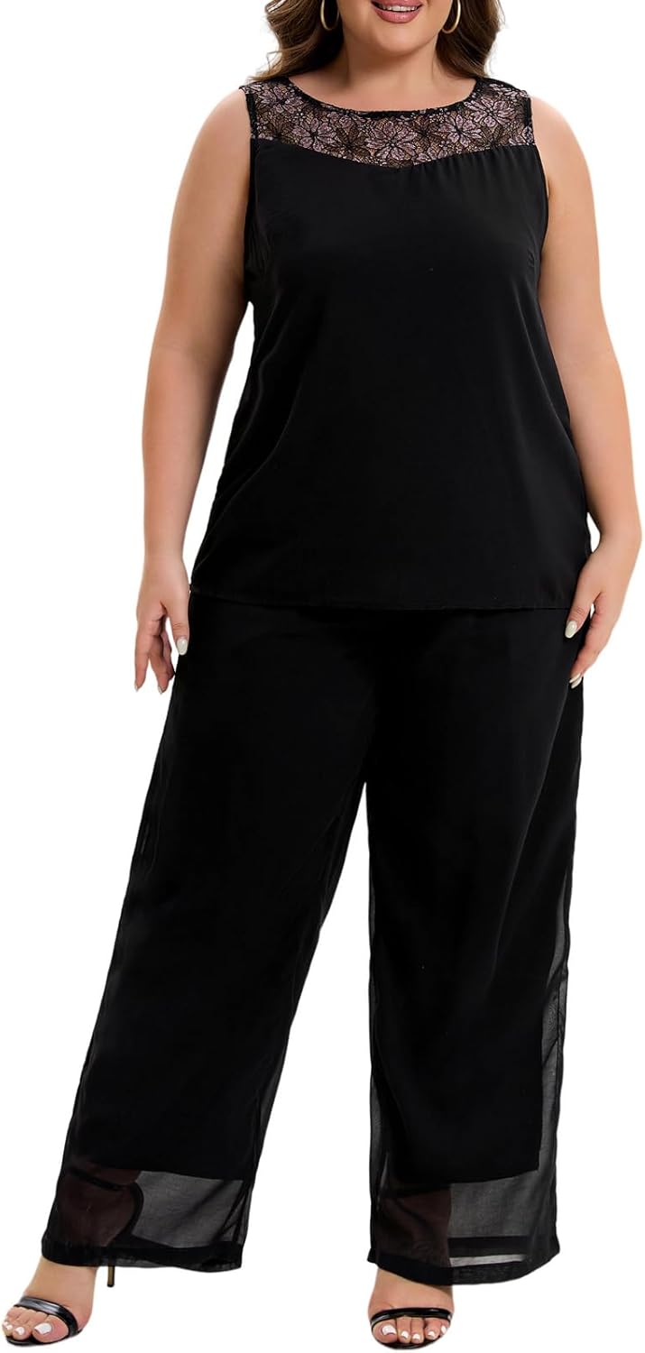 Women's Plus Size Mother of Bride Pant Suits 3 Piece Chiffon Party Sets Lace Splicing Design Evening Gowns - Image 5