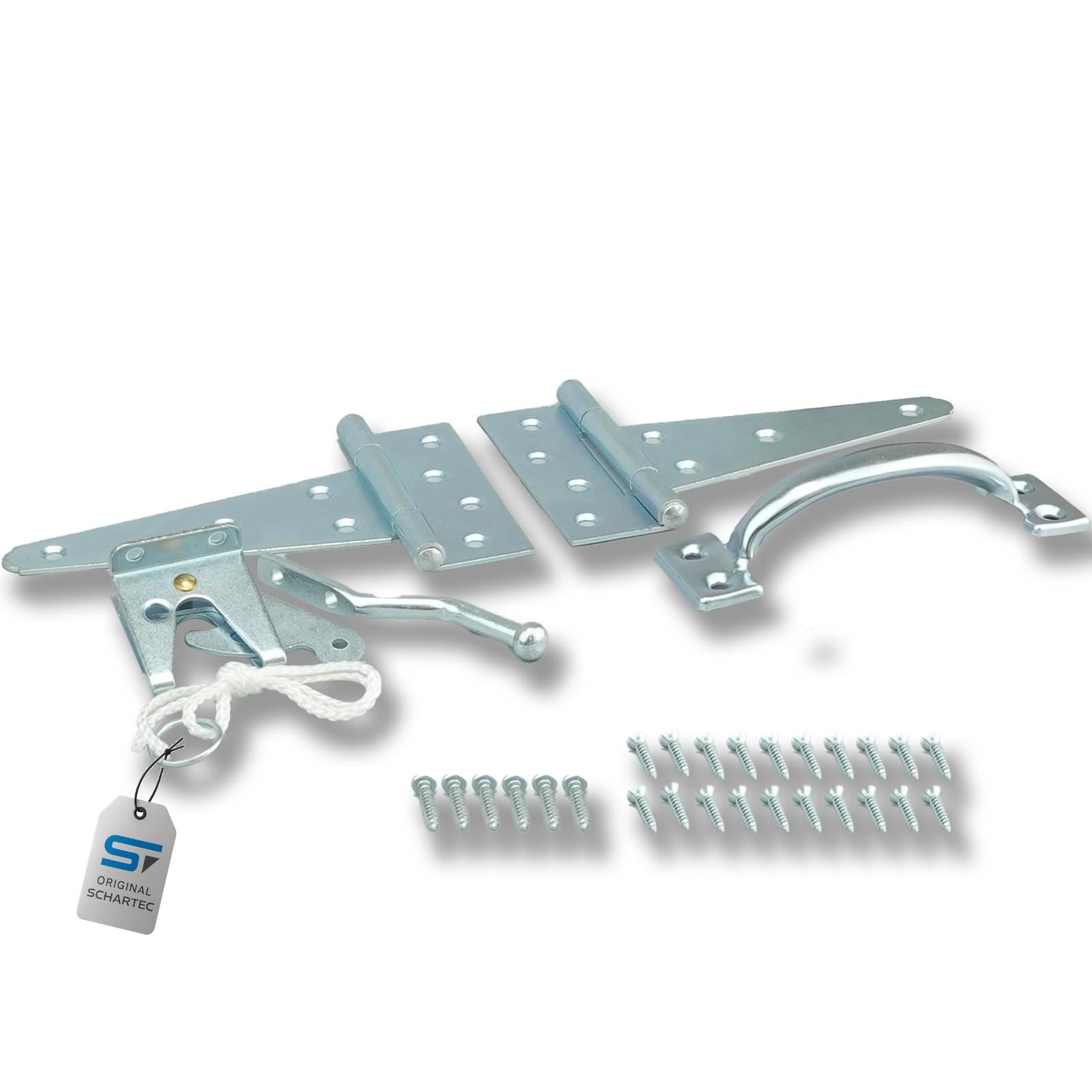 SCHARTEC Garden Gate Hardware Kit galvanised Hinges Handle and Latch Set for Wooden Gates Lock Bolt Hinge
