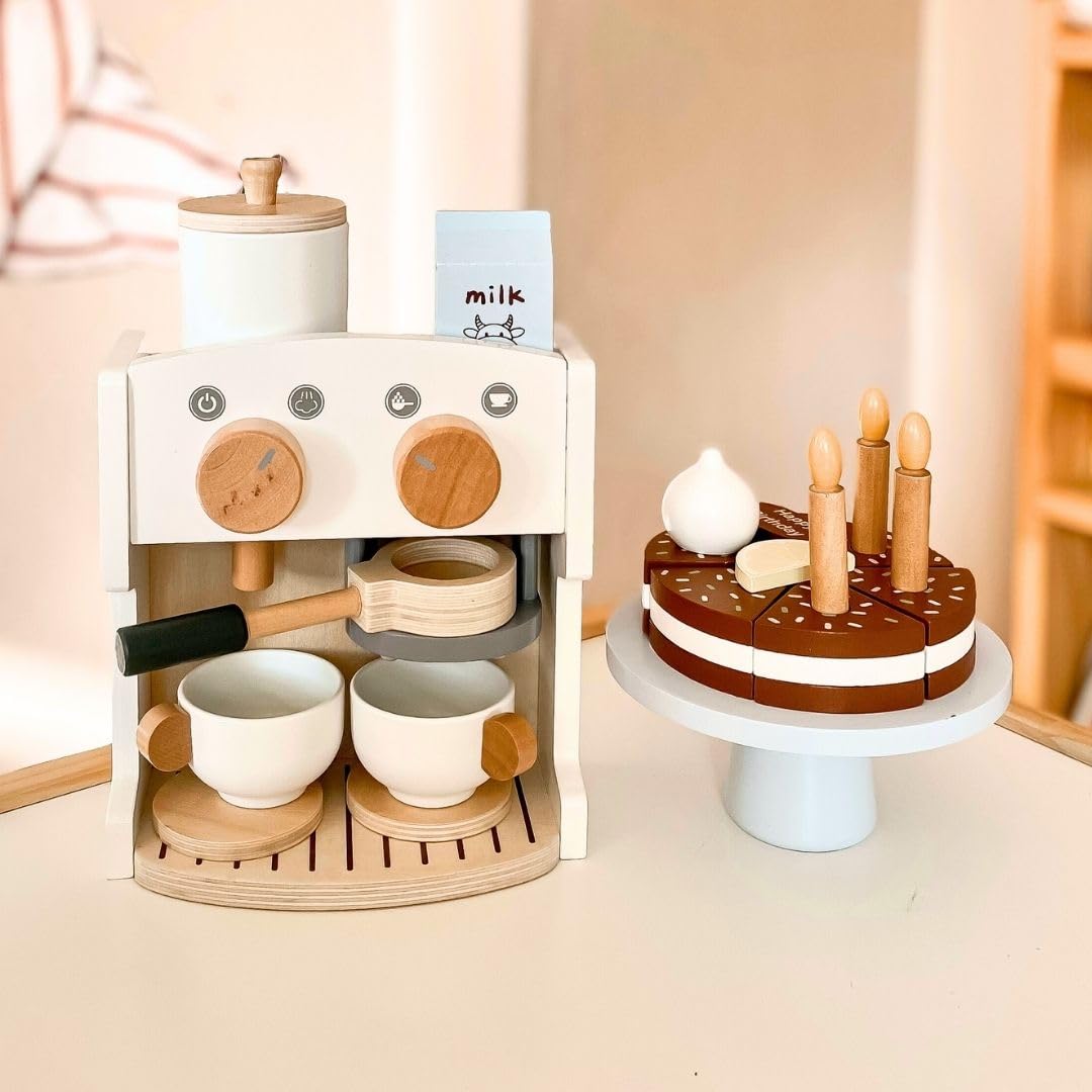 Mamabrum Drewniany Ekspres do Kawy i Herbaty dla Dzieci od 3 Lat, Maszyna do Kawy z Akcesoriami, Zabawkowa Kawiarnia, Serwis Kawowy dla Dziecka, Zabawki do Odgrywania Ról - Barista, Kucharz