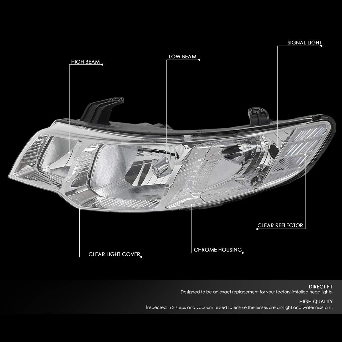 DNA MOTORING HL-OH-KIAF10-CH-CL1-T2 Pair Chrome Housing Clear Corner Headlight Lamp Set Replacement For 10-13 Kia Forte