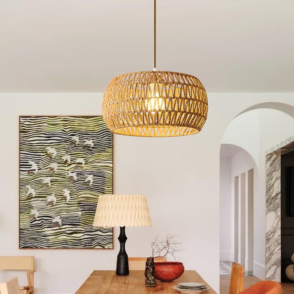 E27 Lampada A Sospensione Rustica Lampadario Rattan Paralume Rattan Lampadario Soggiorno A Sospensione Lampadario Vimini Boho Plafoniera Per Cucina Sala Sala Da Pranzo Camera Da Letto(A)