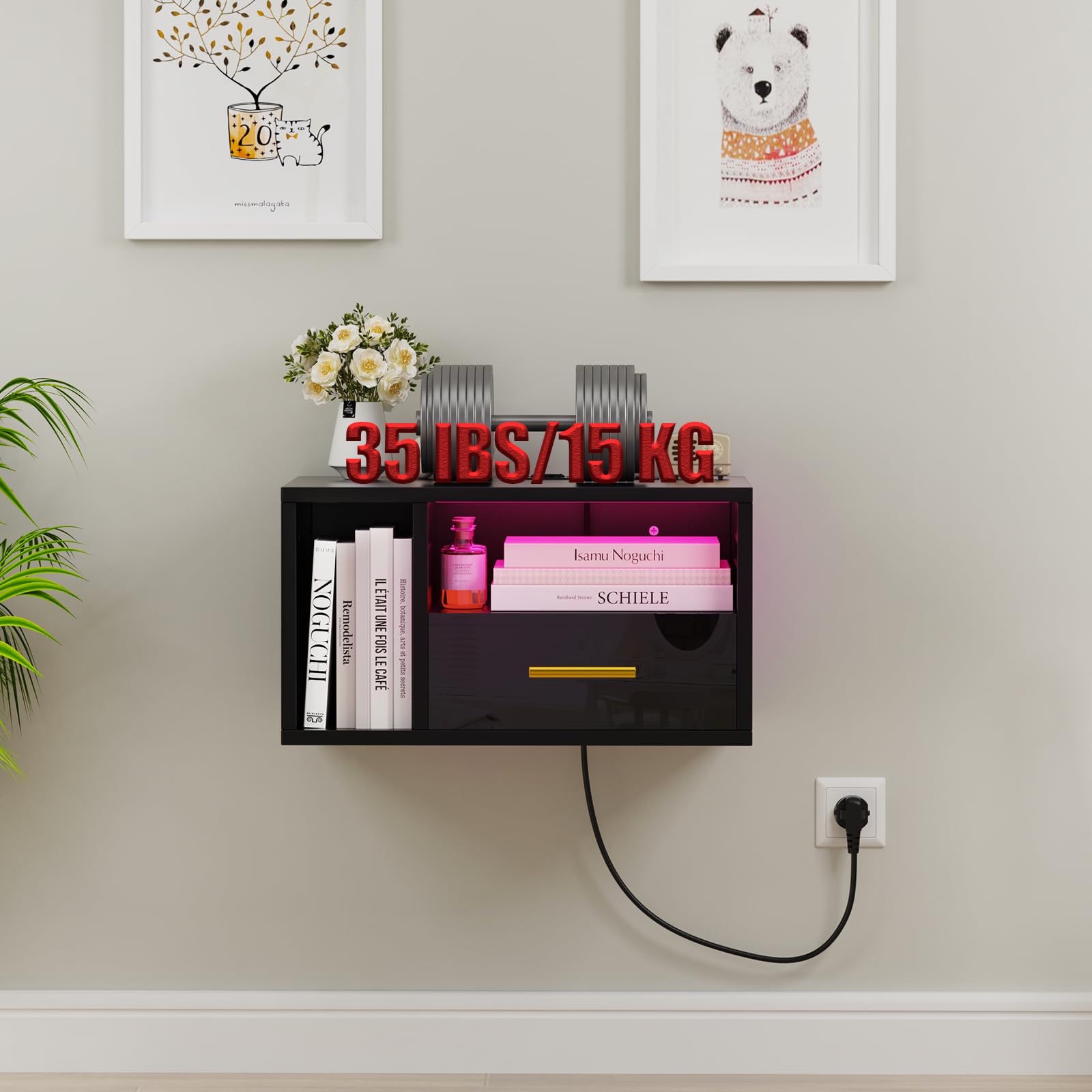 Nachttisch Hängend mit led, Nachttisch mit Ladestation, Nachtschrank Schwarz, Offenes Fach Und Einer Schublade, 46.5x30x25.5cm, 16 Farben LED, Modern, Wohnzimmer Schlafzimmer