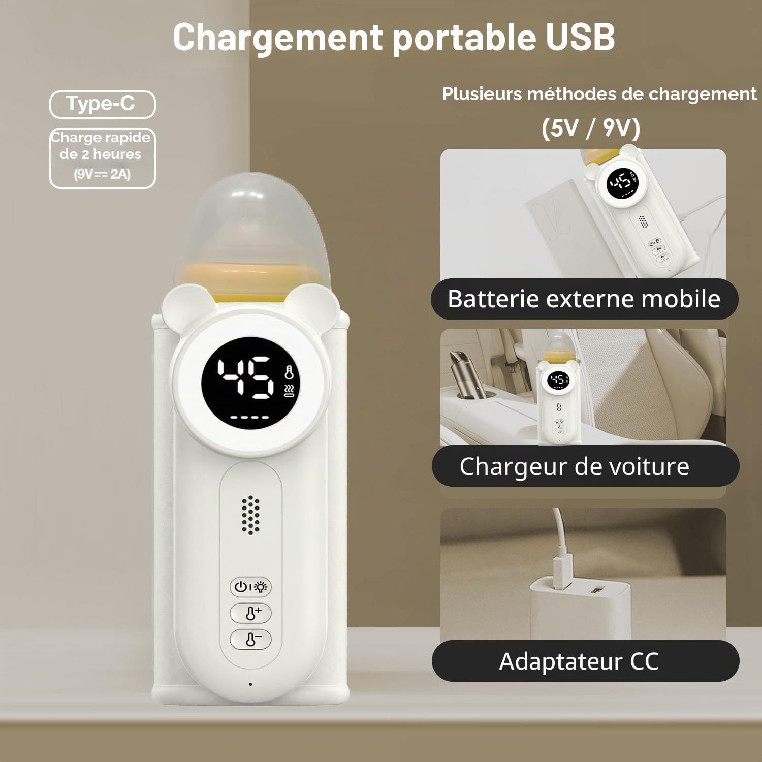 Cozytots Chauffe-biberon Matchild pour bébé en déplacement - Batterie USB - Thermos avec affichage de la température - Poche chauffante pour biberon portable - Étui
