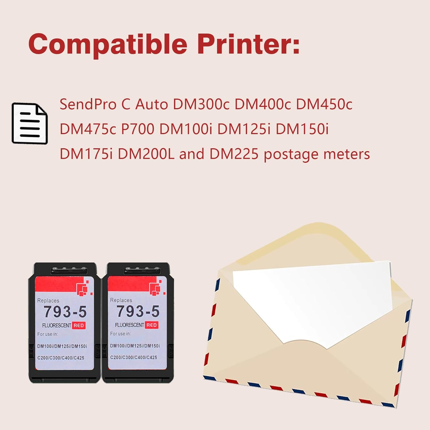 793-5 Fluorescent Red Ink Cartridge Compatible Replacement for Pitney Bowes 793-5 Red Ink Cartridge for DM100, DM200 DM100i DM200i DM125 DM125i DM150 DM150i and SendPro C and SendPro+, Red Ink, 35 ml