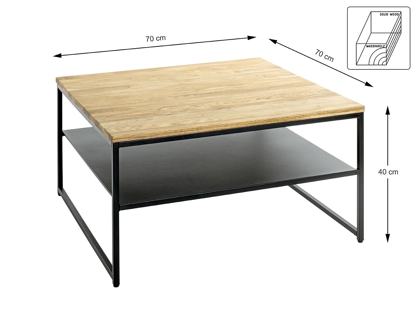 HAKU Beistelltisch quadratisch, Couchtisch klein als Sofatisch aus Massivholz Eiche geölt und Metall Schwarz Maße: B 70 cm × H 40 cm × T 70 cm, Style: Modern Küche, Haushalt & Wohnen