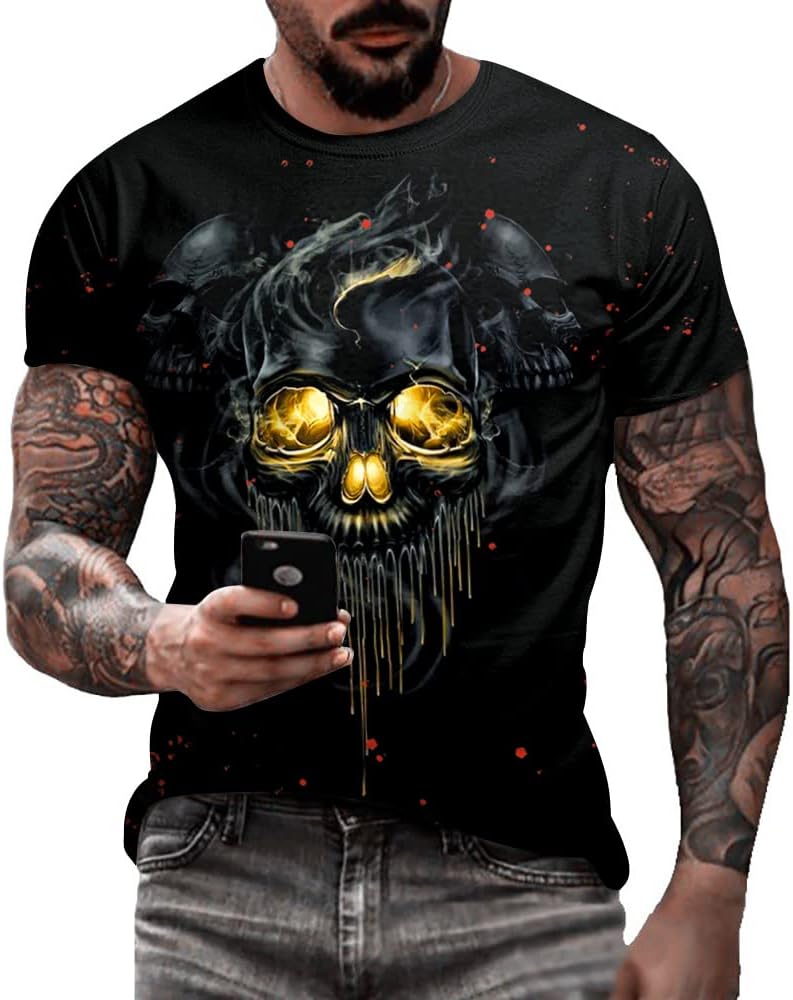 Eciodci Men's Halloween T-Shirts 3D Skull Print Short Sleeve T-Shirt Casual Round Neck Novelty Street Fashion Shirts
