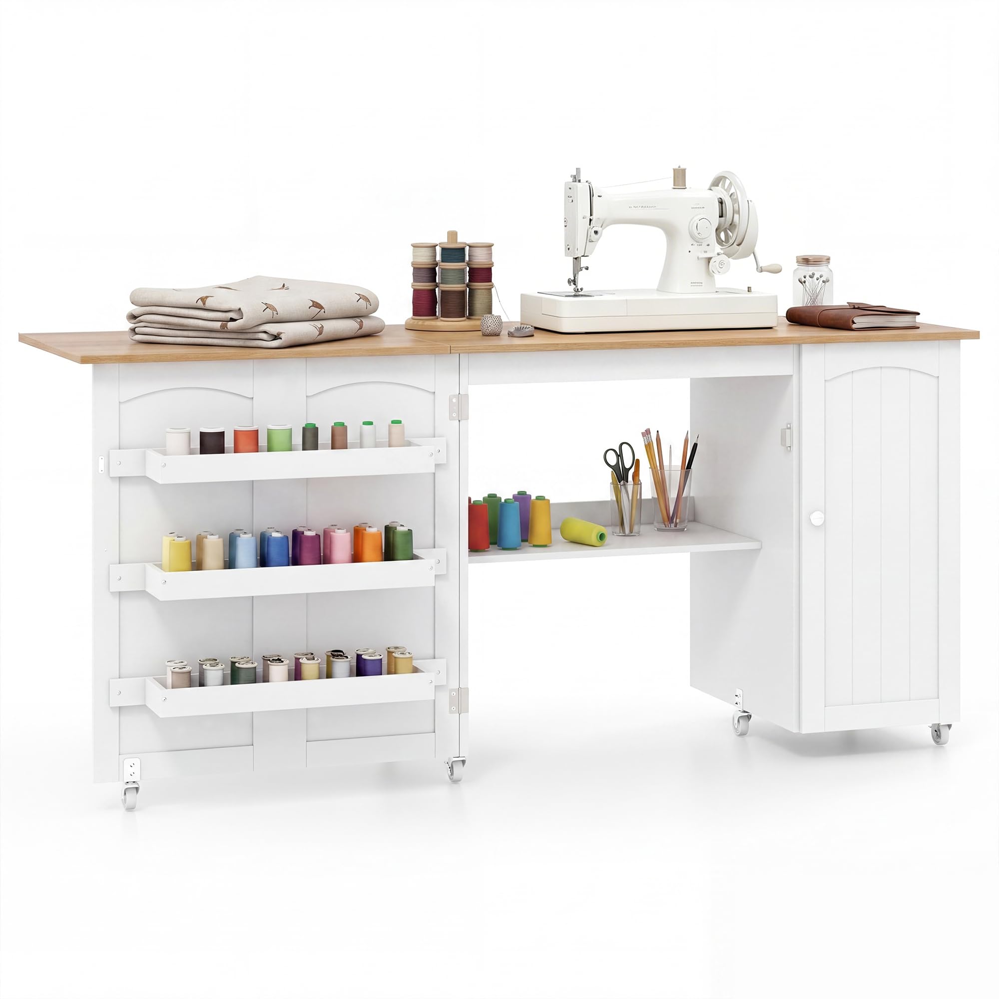 COSTWAY 62.5'x 20' Foldable Sewing Table w/Storage Shelves, Natural & White