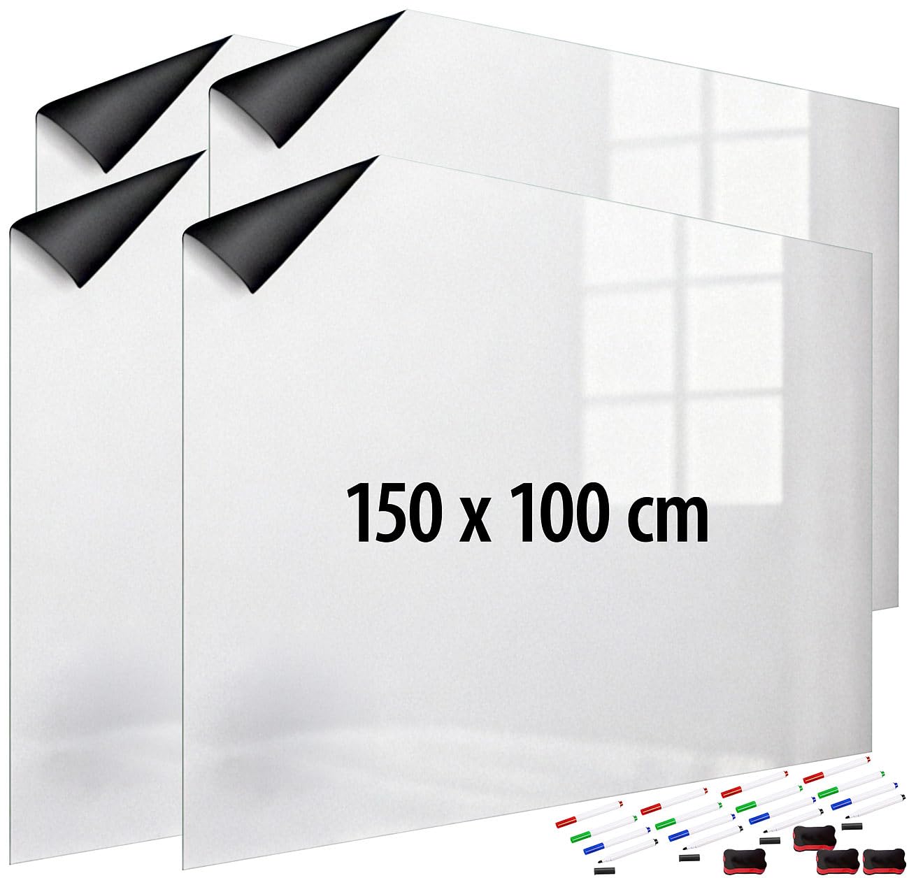 infactory Magnet Pinnwand: 4er-Set Magn. Whiteboard-Folie, selbstklebend, 4 Marker, 150 x 100 cm (Whiteboard Folie magnetisch, Magnetfolie)