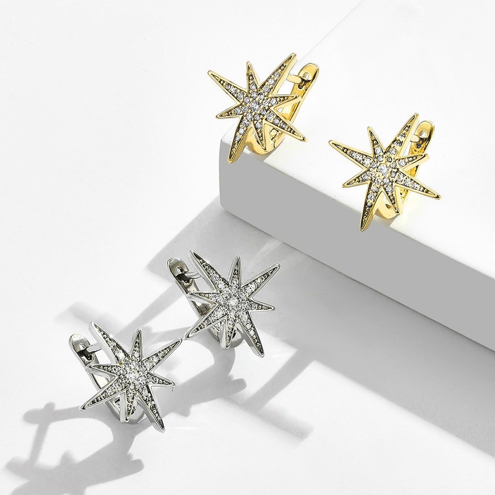 Pendientes de aro de oro blanco 18 K Au750 para mujer, diseño de estrella de diamante, oro 750