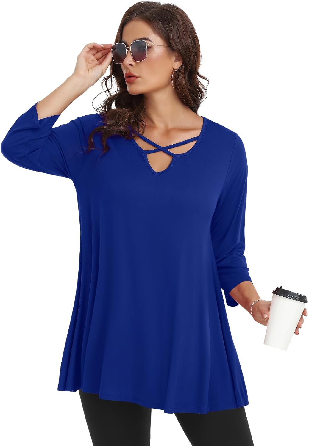 LARACE Plus Size Tops for Women V Neck 3/4 Sleeve Tunic Criss Cross Dress Shirts Casual Fall Blouse for Leggings - Image 4