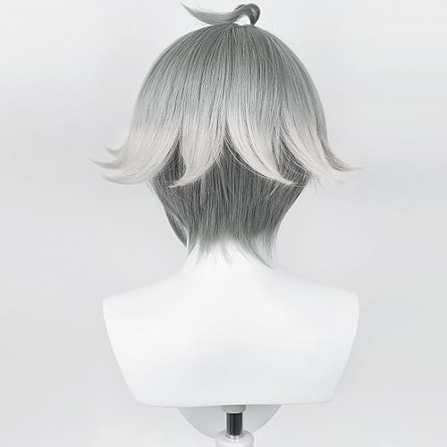 Miniatura 6 de Peluca de cosplay anime gris y blanco degradado de pelo corto rizado Halloween, Navidad, moda diaria, anime y exposición de juegos