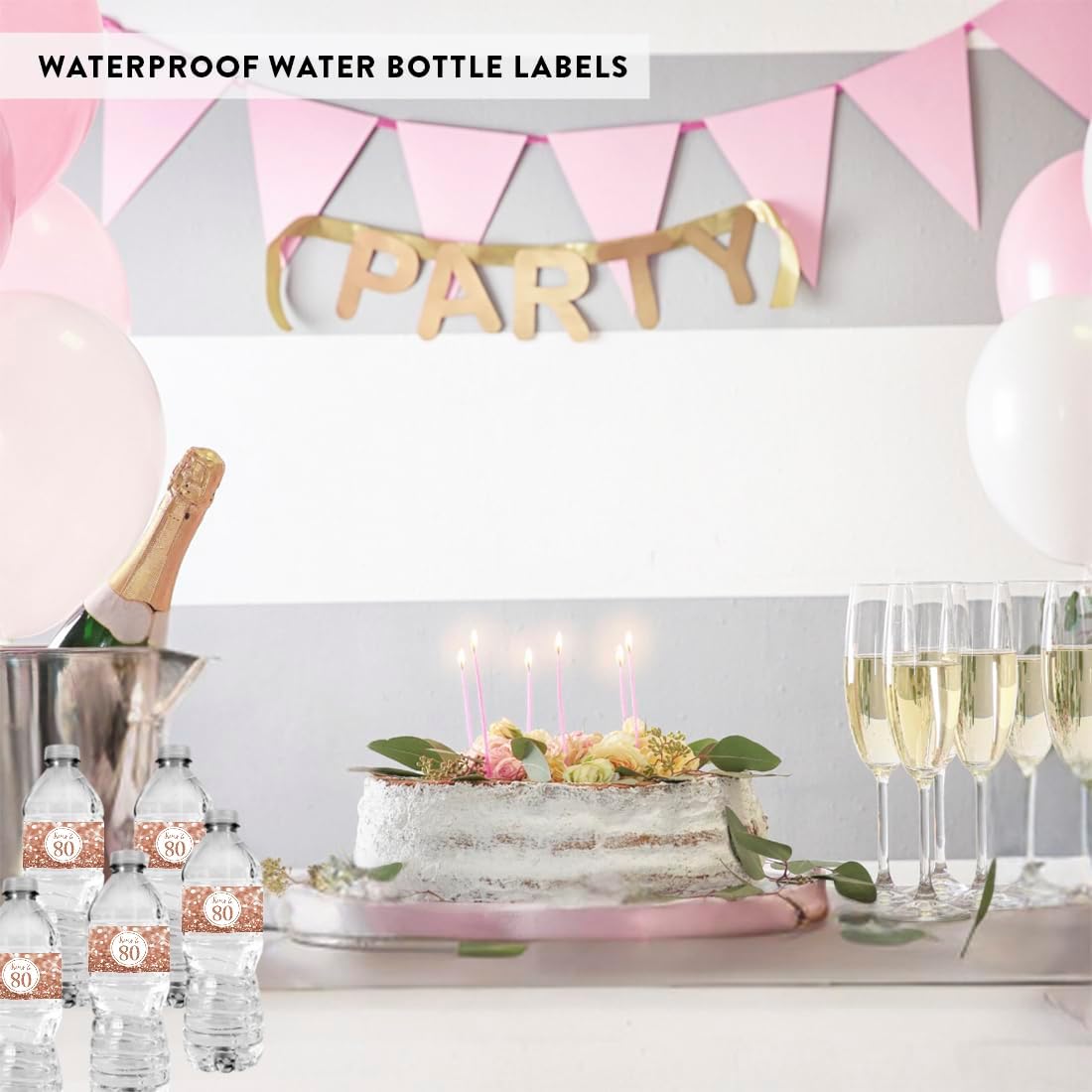 Andaz Press Glitzy Faux Glitter Rose Gold Water Bottle Label Stickers Cheers To 80, 80th Birthday Water Bottle Labels Anniversary 80th Birthday Party Favors 20-Pack 80th Birthday Decorations For Women